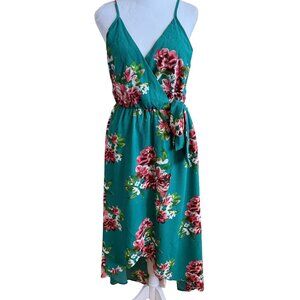 Dream of Me Women's Medium Green Crepe Spaghetti Strap Floral High Low Dress